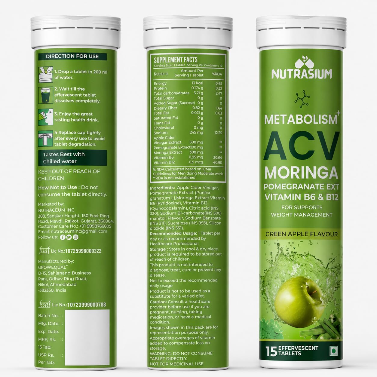 Nutrasium ACV Moringa Metabolism Plus | Apple Cider Vinegar Effervescent Tablet | For Supports Weight Loss, Control Cravings, Convert Fat Into Energy, Boost Energy & Immunity | 60 Tablets Green apple
