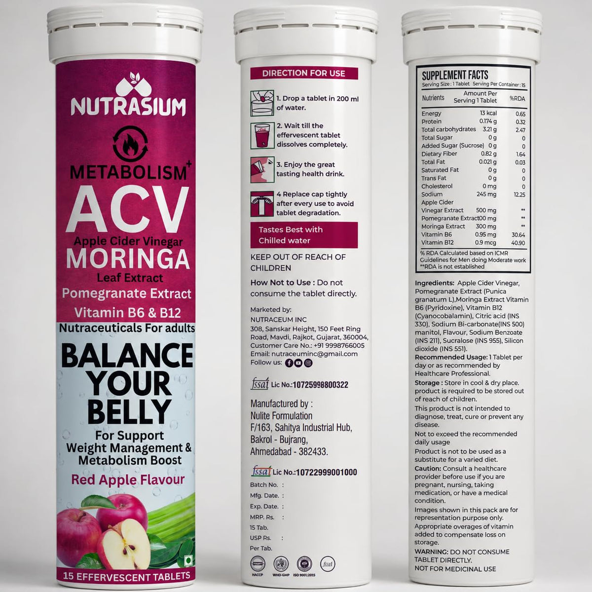 Nutrasium ACV Moringa Metabolism Plus Effervescent Tablets | Apple Cider Vinegar with Moringa | Supports Metabolism, Energy & Craving Control | Red Apple Flavour | 15 Tablets