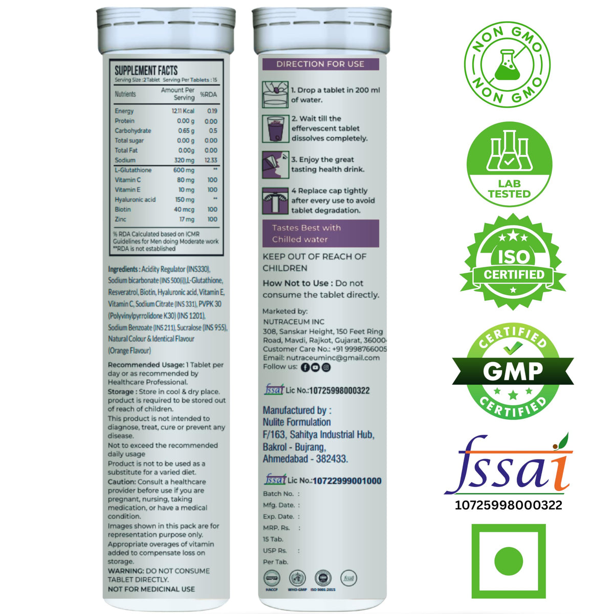 Nutrasium Glutathione Tablets, 500mg, 60 Effervescent Tablets