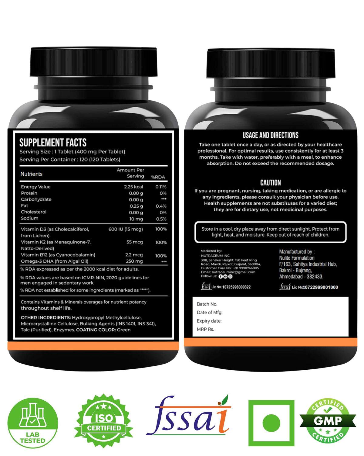 Nutrasium D3 K2 with B12 & DHA | Bone Heart Immunity | 120 Tabs