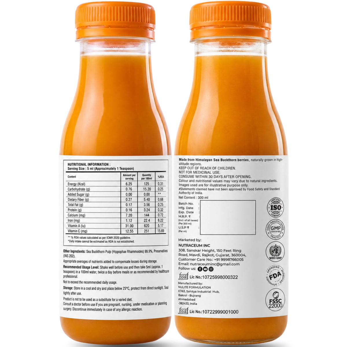 Nutrasium Sea Buckthorn Juice 900ml | Vitamin C | Omega 3-6-7-9 | 3x300ml