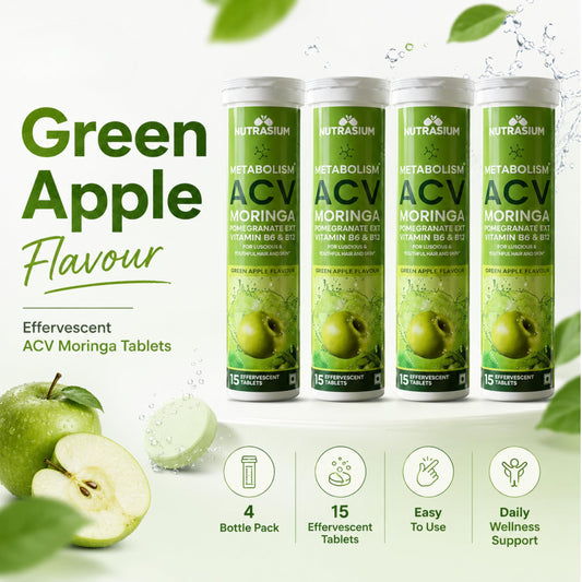 Nutrasium ACV Moringa Metabolism Plus | Apple Cider Vinegar Effervescent Tablet | For Supports Weight Loss, Control Cravings, Convert Fat Into Energy, Boost Energy & Immunity | 60 Tablets Green apple