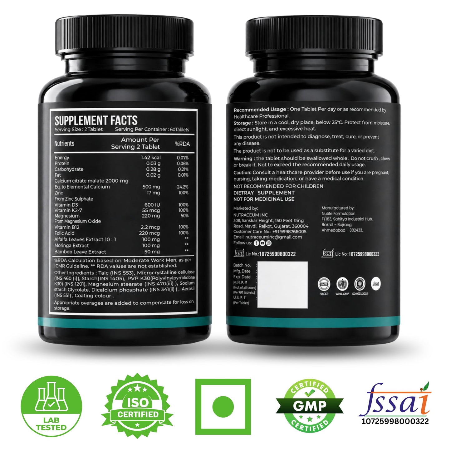 Nutrasium Calcium Magnesium Zinc Tablets with Vitamin D3, Vitamin K2-7 & Vitamin B12 | Alfalfa, Moringa & Bamboo Extract | High Absorption Mineral & Vitamin Supplement | 60 Tablets