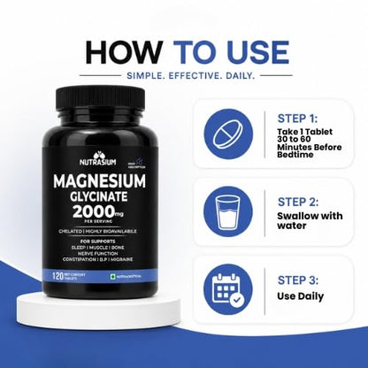 Magnesium Glycinate 2000 mg | Chealated Magnesium Supplement For Natural Sleep, Muscle Relaxation, Nerve Function, Heart & Bone Health, Stress & Calmness | 120 Tablets