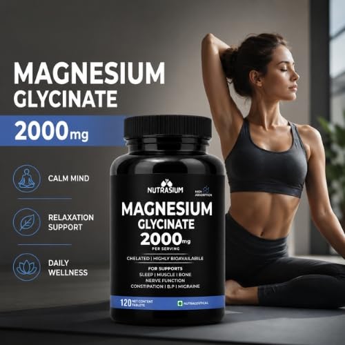 Magnesium Glycinate 2000 mg | Chealated Magnesium Supplement For Natural Sleep, Muscle Relaxation, Nerve Function, Heart & Bone Health, Stress & Calmness | 120 Tablets