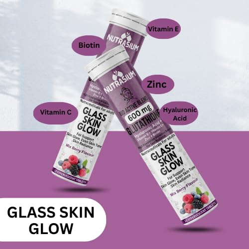 Nutrasium | Glutathione tablets for skin Glow & Even Skin Tone | 600 mg L-Glutathione Reduced with Biotin, Zinc, Hyaluronic acid Vitamin C & E | 30 Effervescent Tablets Mixed Berry
