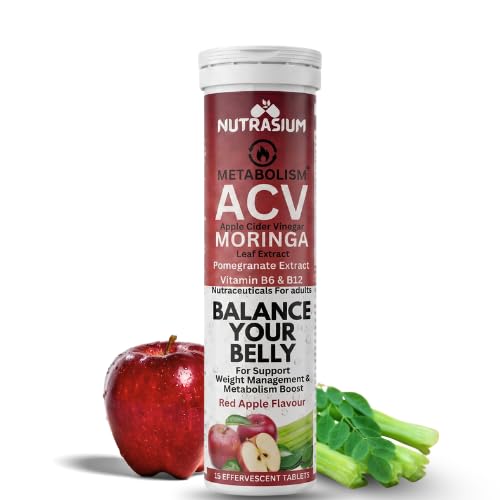 Nutrasium ACV Moringa Metabolism Plus | Apple Cider Vinegar Effervescent Tablet | For Supports Weight Loss, Control Cravings, Convert Fat Into Energy, Boost Energy & Immunity | 30 Tablets Red apple