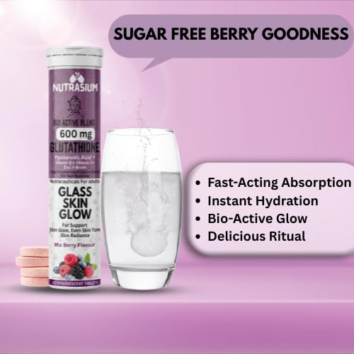 Nutrasium | Glutathione tablets for skin Glow & Even Skin Tone | 600 mg L-Glutathione Reduced with Biotin, Zinc, Hyaluronic acid Vitamin C & E | 30 Effervescent Tablets Mixed Berry