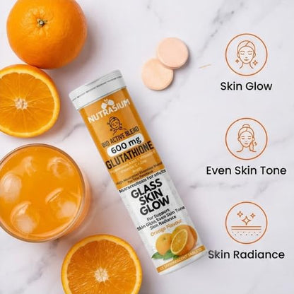 Nutrasium | 600 mg L-Glutathione tablets for Radiant Skin & Even Skin Tone | Glutathione Tablets For Skin Glow & Antipigmentation | 60 Effervescent Tablets, Orange Flavour