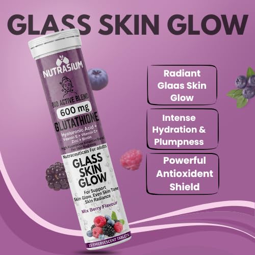 Nutrasium | Glutathione tablets for skin Glow & Even Skin Tone | 600 mg L-Glutathione Reduced with Biotin, Zinc, Hyaluronic acid Vitamin C & E | 30 Effervescent Tablets Mixed Berry