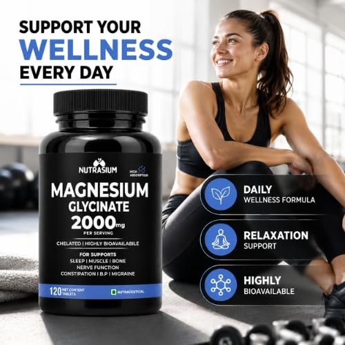 Magnesium Glycinate 2000 mg | Chealated Magnesium Supplement For Natural Sleep, Muscle Relaxation, Nerve Function, Heart & Bone Health, Stress & Calmness | 120 Tablets