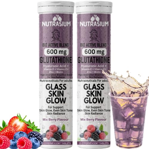 Nutrasium | Glutathione tablets for skin Glow & Even Skin Tone | 600 mg L-Glutathione Reduced with Biotin, Zinc, Hyaluronic acid Vitamin C & E | 30 Effervescent Tablets Mixed Berry