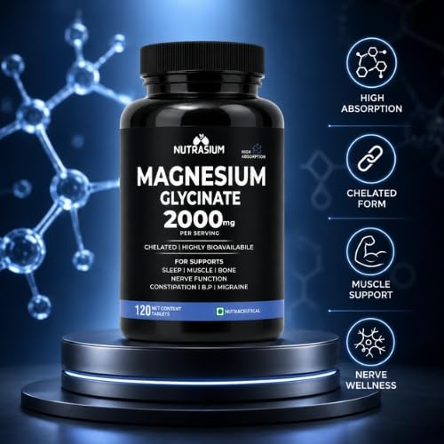 Magnesium Glycinate 2000 mg | Chealated Magnesium Supplement For Natural Sleep, Muscle Relaxation, Nerve Function, Heart & Bone Health, Stress & Calmness | 120 Tablets