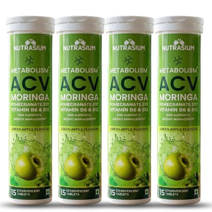Nutrasium ACV Moringa Metabolism Plus | Apple Cider Vinegar Effervescent Tablet | For Supports Weight Loss, Control Cravings, Convert Fat Into Energy, Boost Energy & Immunity | 60 Tablets Green apple