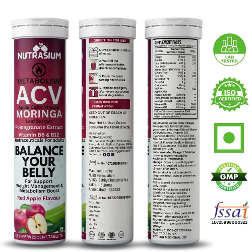 Nutrasium ACV Moringa Metabolism Plus | Apple Cider Vinegar Effervescent Tablet | For Supports Weight Loss, Control Cravings, Convert Fat Into Energy, Boost Energy & Immunity | 30 Tablets Red apple