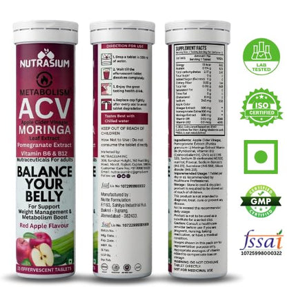 Nutrasium ACV Moringa Metabolism Plus | Apple Cider Vinegar Effervescent Tablet | For Supports Weight Loss, Control Cravings, Convert Fat Into Energy, Boost Energy & Immunity | 30 Tablets Red apple