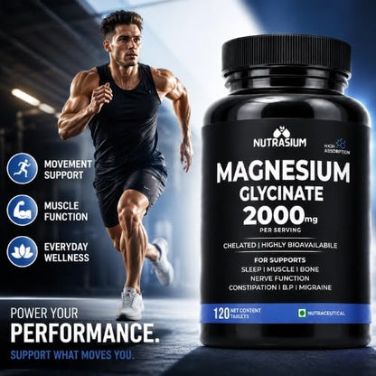 Magnesium Glycinate 2000 mg | Chealated Magnesium Supplement For Natural Sleep, Muscle Relaxation, Nerve Function, Heart & Bone Health, Stress & Calmness | 120 Tablets