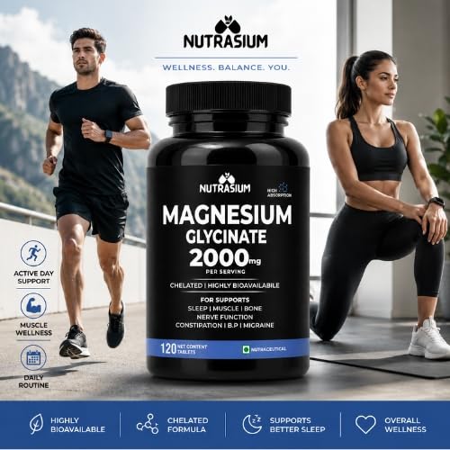 Magnesium Glycinate 2000 mg | Chealated Magnesium Supplement For Natural Sleep, Muscle Relaxation, Nerve Function, Heart & Bone Health, Stress & Calmness | 120 Tablets