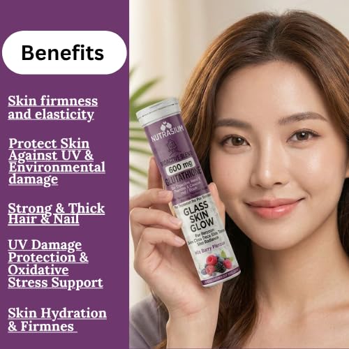 Nutrasium | Glutathione tablets for skin Glow & Even Skin Tone | 600 mg L-Glutathione Reduced with Biotin, Zinc, Hyaluronic acid Vitamin C & E | 30 Effervescent Tablets Mixed Berry