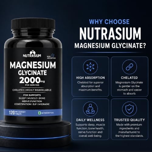 Magnesium Glycinate 2000 mg | Chealated Magnesium Supplement For Natural Sleep, Muscle Relaxation, Nerve Function, Heart & Bone Health, Stress & Calmness | 120 Tablets