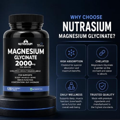 Magnesium Glycinate 2000 mg | Chealated Magnesium Supplement For Natural Sleep, Muscle Relaxation, Nerve Function, Heart & Bone Health, Stress & Calmness | 120 Tablets