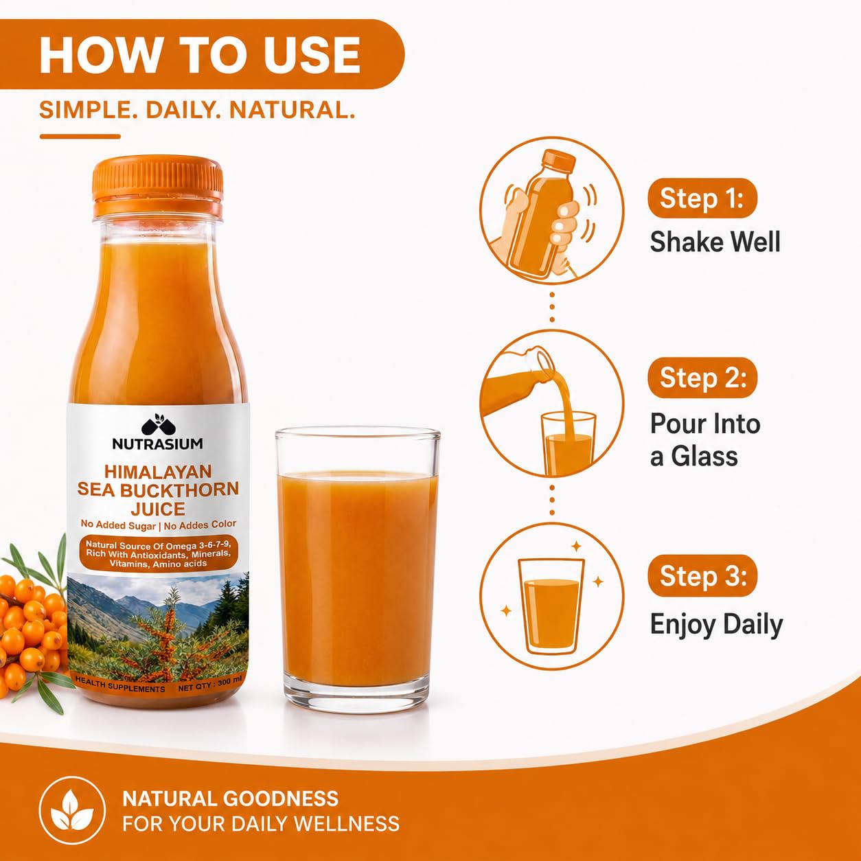 Nutrasium Sea Buckthorn Juice 300ml | Vitamin C | Omega 3-6-7-9 | 100% Pure