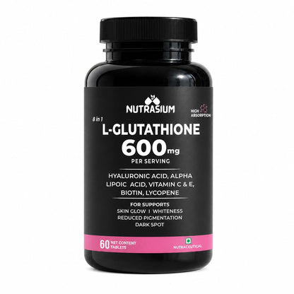 Nutrasium L-Glutathione 600 mg with Hyaluronic Acid & Biotin | For Skin Glow, Hydration, Even Skin tone & Skin Radiance | Reduce Pigmentation & Dark Spot | 60 Tablets