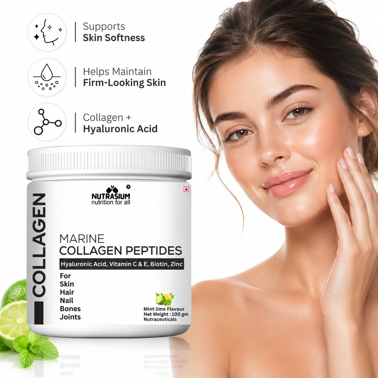 Nutrasium Marine Collagen Supplement with Vitamin C & Hyaluronic acid for Men & Women | Skin, Joints, Hair & Nails | Hydrolyzed Peptides Fast Absorption | Added Biotin & Zinc | 200 Gram Refrashing Lemin Mint Flavour (200 gm, Lemon Mint)