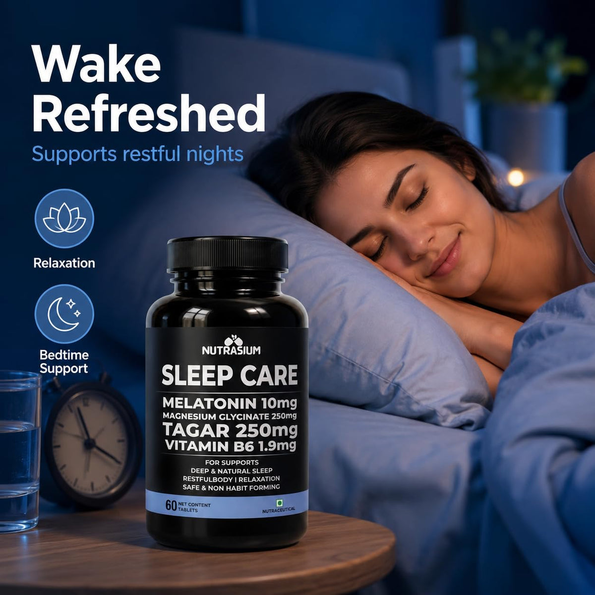 Nutrasium Melatonin 10 mg Sleeping Pill with Tagar 250 mg | Sleep Supplement for Men & Women | Melatonin Tablet for Restful & Deep Natural Sleeps | Sleep Care Tablets 120 (120 Tablets, Sleep Care)