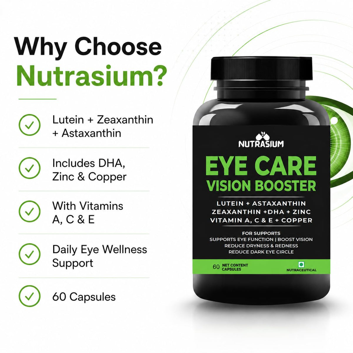 Nutrasium Eye Care | Lutein, Zeaxanthin Astaxanthin Eye Supplement | Supports Healthy Vision, Helps Reduce Digital Eye Strain & Fatigue from High Screen Time for Men, Women & Students