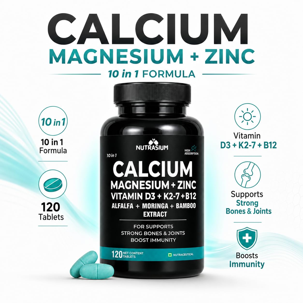Nutrasium Calcium Magnesium Zinc Tablets with Vitamin D3, Vitamin K2-7 & Vitamin B12 | Alfalfa, Moringa & Bamboo Extract | High Absorption Daily Mineral & Vitamin Supplement | 120 Tablets