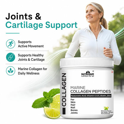 Nutrasium Marine Collagen Supplement with Vitamin C & Hyaluronic acid for Men & Women | Skin, Joints, Hair & Nails | Hydrolyzed Peptides Fast Absorption | Added Biotin & Zinc | 200 Gram Refrashing Lemin Mint Flavour (200 gm, Lemon Mint)