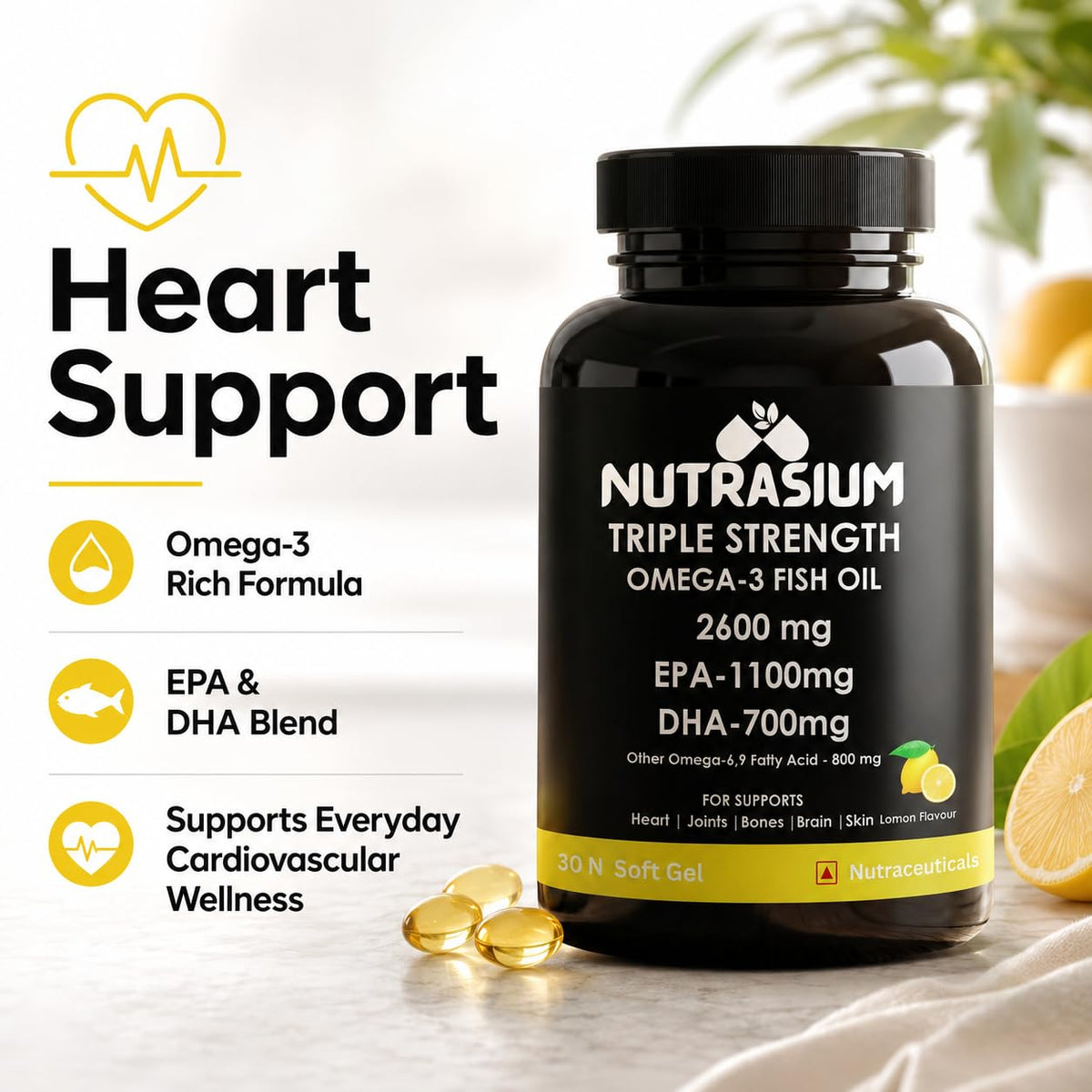 Nutrasium Omega-3 Fish Oil 2600mg | Triple Strength | Heart Brain Eye Joint Skin Bone | 30 Softgels