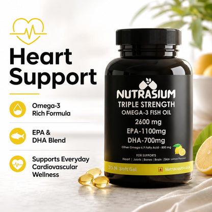 Nutrasium Omega-3 Fish Oil 2600mg | Triple Strength | Heart Brain Eye Joint Skin Bone | 30 Softgels