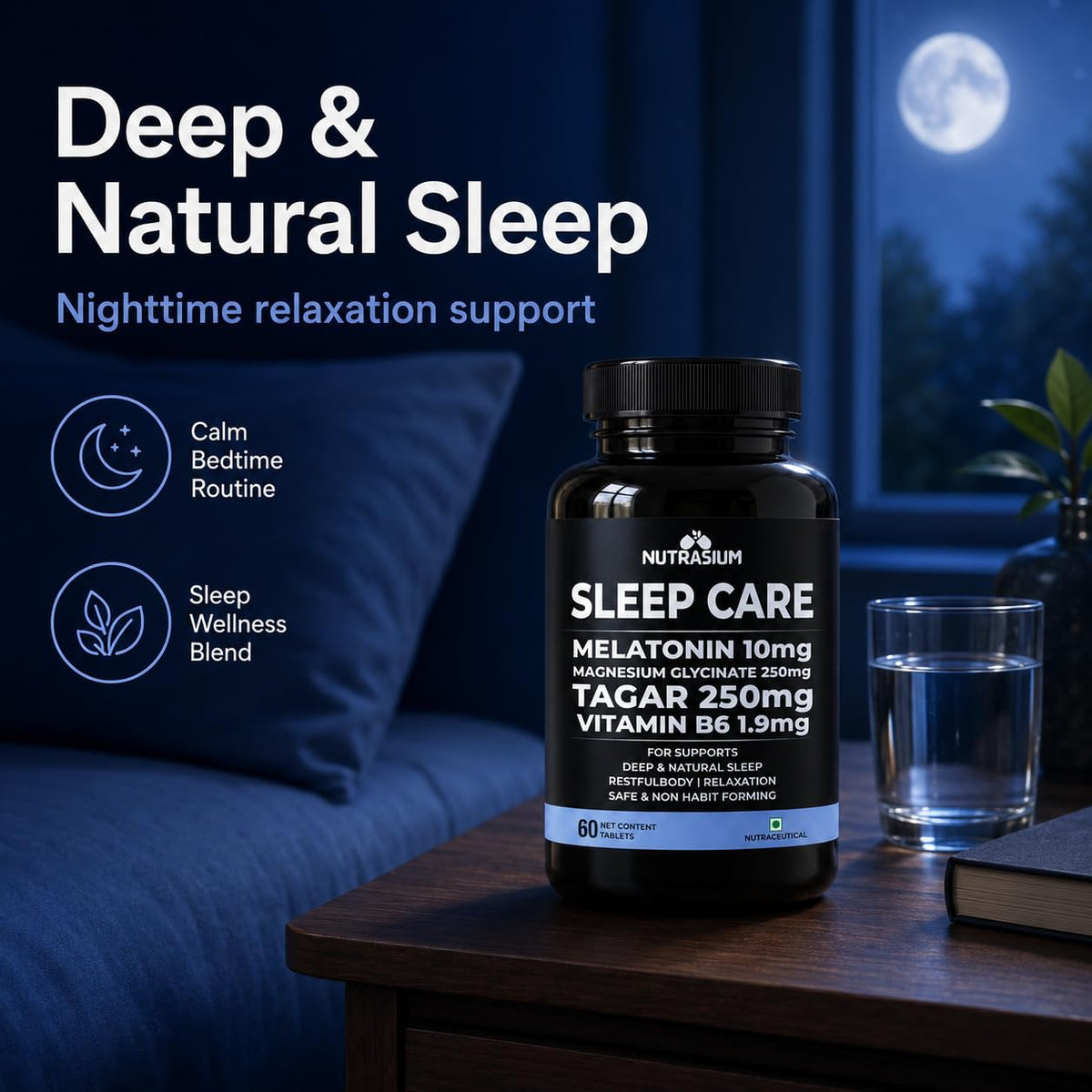 Nutrasium Melatonin 10 mg Sleeping Pill with Tagar 250 mg | Sleep Supplement for Men & Women | Melatonin Tablet for Restful & Deep Natural Sleeps | Sleep Care Tablets 120 (120 Tablets, Sleep Care)