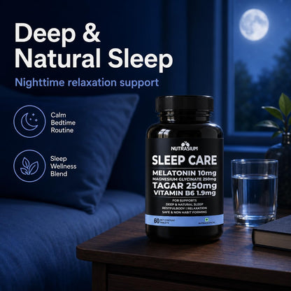 Nutrasium Melatonin 10 mg Sleeping Pill with Tagar 250 mg | Sleep Supplement for Men & Women | Melatonin Tablet for Restful & Deep Natural Sleeps | Sleep Care Tablets 120 (120 Tablets, Sleep Care)