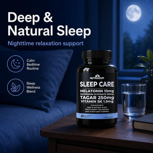 Nutrasium Melatonin 10 mg Sleeping Pill with Tagar 250 mg | Sleep Supplement for Men & Women | Melatonin Tablet for Restful & Deep Natural Sleeps | Sleep Care Tablets 120 (120 Tablets, Sleep Care)