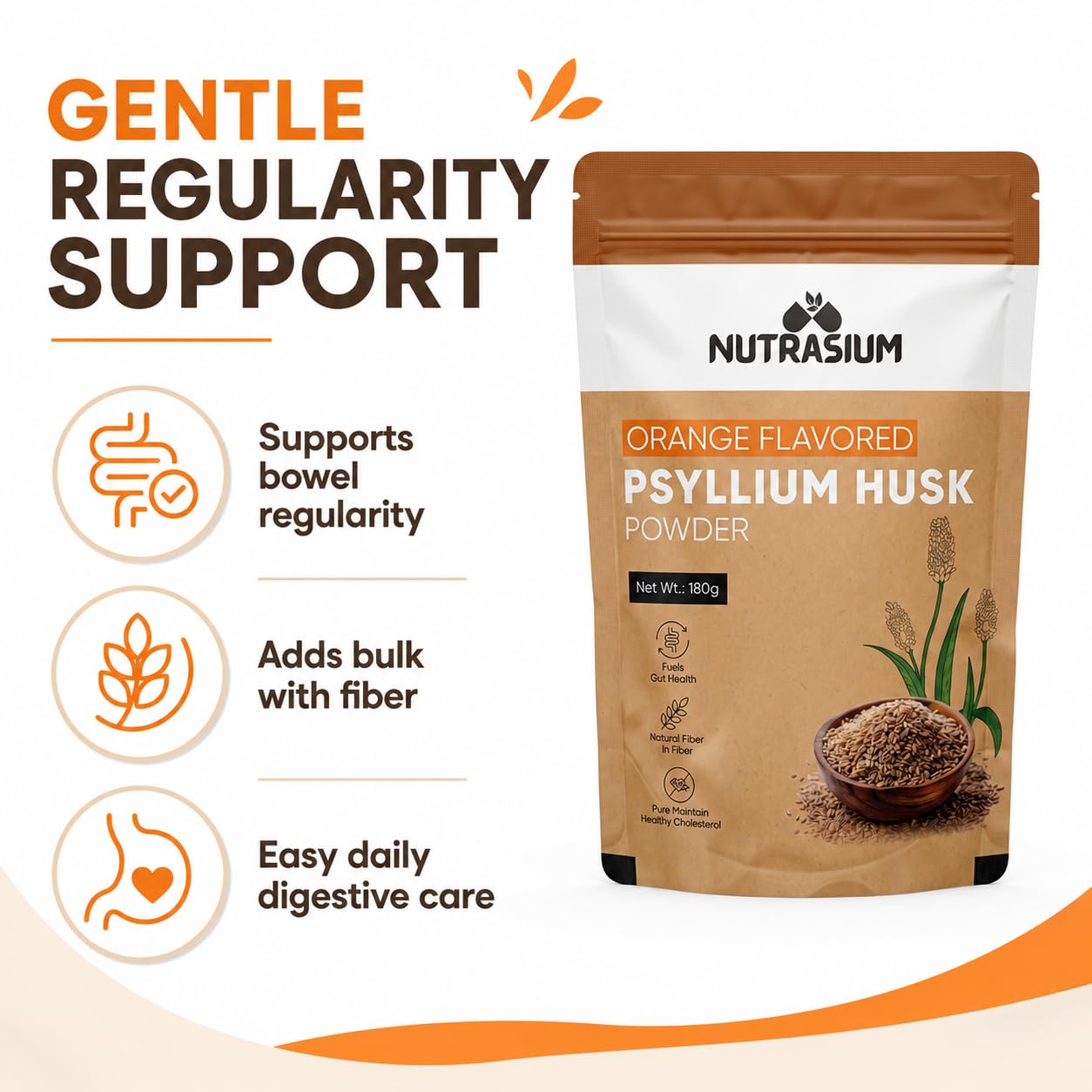 Nutrasium Psyllium Husk Powder | Isabgol Powder | Supports to Relieves Constipation | Rich Source Of Dietary Fiber Supplement For Digestion & Gut Health | 540 gram Orange Flavour | Pack Of 3