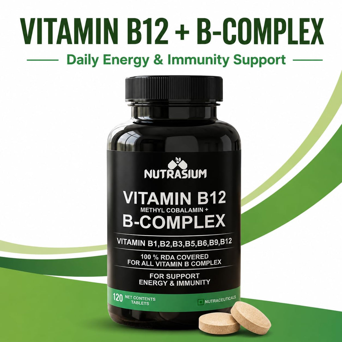 Nutrasium Vitamin B12 with B-Complex Tablets - 100% RDA for B Vitamins with B1, B2, B3, B5, B6, B9 & Vitamin B12 | Vitamin B Complex Supplements for Women & Men - 120 Vegetarian Tablets