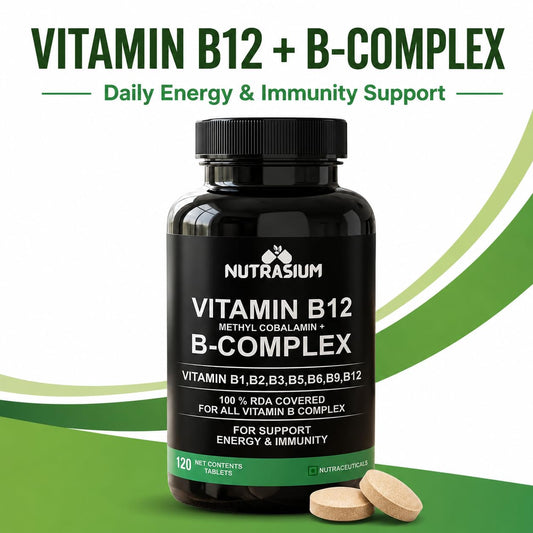 Nutrasium Vitamin B12 with B-Complex Tablets - 100% RDA for B Vitamins with B1, B2, B3, B5, B6, B9 & Vitamin B12 | Vitamin B Complex Supplements for Women & Men - 120 Vegetarian Tablets