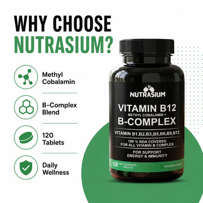 Nutrasium Vitamin B12 with B-Complex Tablets - 100% RDA for B Vitamins with B1, B2, B3, B5, B6, B9 & Vitamin B12 | Vitamin B Complex Supplements for Women & Men - 120 Vegetarian Tablets