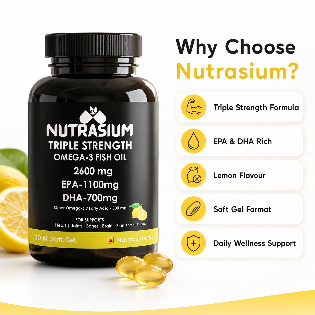 Nutrasium Omega-3 Fish Oil 2600mg | Heart Brain Eye Joints | 60 Softgels