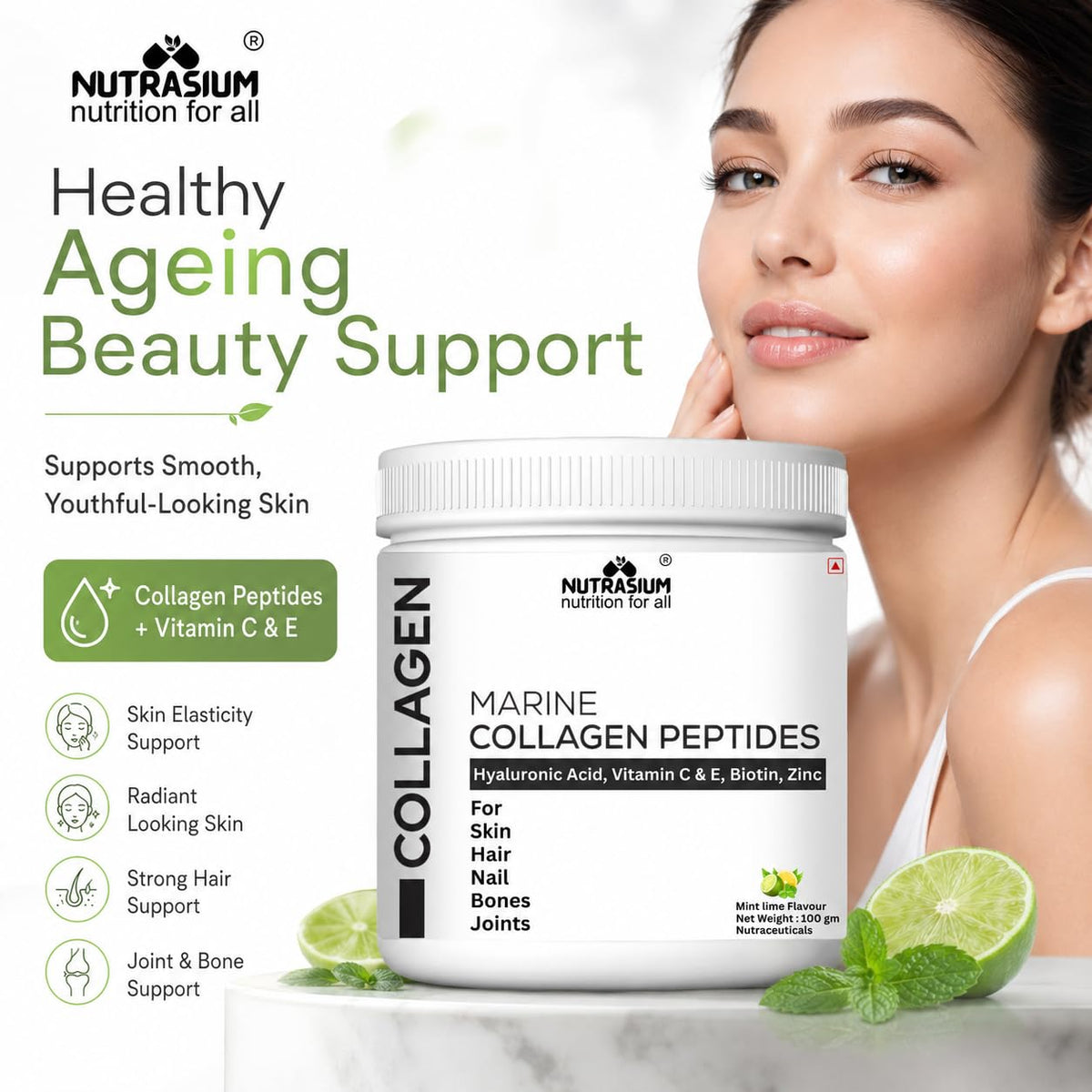 Nutrasium Marine Collagen Supplement with Vitamin C & Hyaluronic acid for Men & Women | Skin, Joints, Hair & Nails | Hydrolyzed Peptides Fast Absorption | Added Biotin & Zinc | 200 Gram Refrashing Lemin Mint Flavour (200 gm, Lemon Mint)