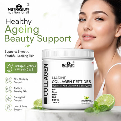 Nutrasium Marine Collagen Supplement with Vitamin C & Hyaluronic acid for Men & Women | Skin, Joints, Hair & Nails | Hydrolyzed Peptides Fast Absorption | Added Biotin & Zinc | 200 Gram Refrashing Lemin Mint Flavour (200 gm, Lemon Mint)