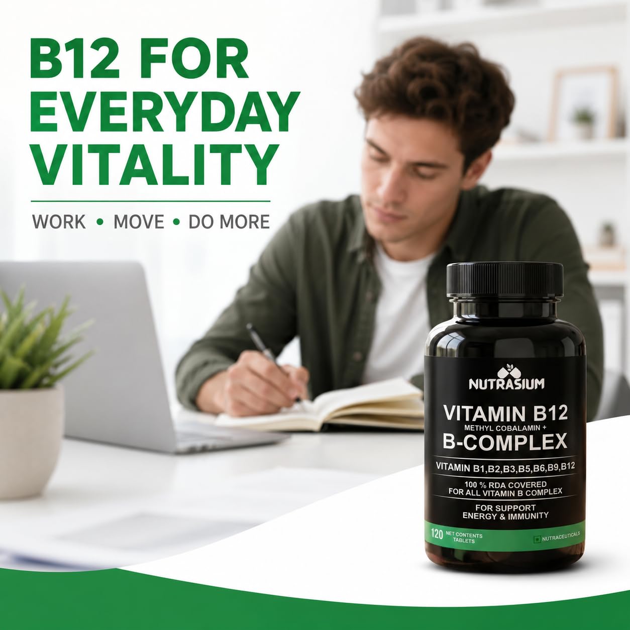 Nutrasium Vitamin B12 with B-Complex Tablets - 100% RDA for B Vitamins with B1, B2, B3, B5, B6, B9 & Vitamin B12 | Vitamin B Complex Supplements for Women & Men - 120 Vegetarian Tablets