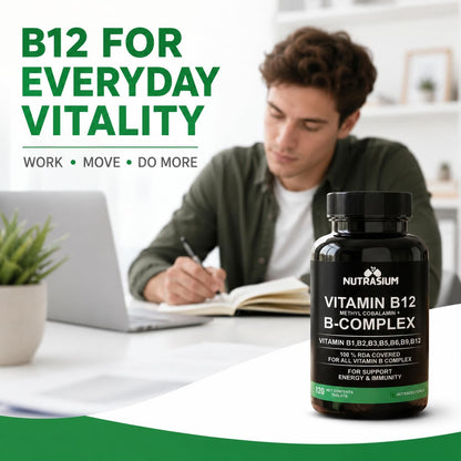 Nutrasium Vitamin B12 with B-Complex Tablets - 100% RDA for B Vitamins with B1, B2, B3, B5, B6, B9 & Vitamin B12 | Vitamin B Complex Supplements for Women & Men - 120 Vegetarian Tablets