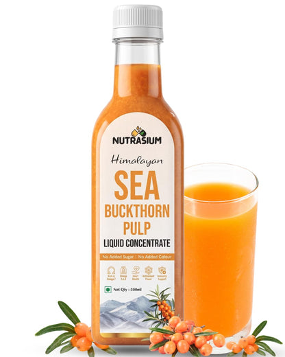 Nutrasium Sea Buckthorn Pulp Concentrate 500 ml | Cold Pressed Himalayan Sea Buckthorn Berry Liquid Concentrate | Natural Source of Vitamin C & Omega 3, 6, 7 & 9 | For Skin, Joints, Immunity, Stamina and Wellness | 50 Glasses