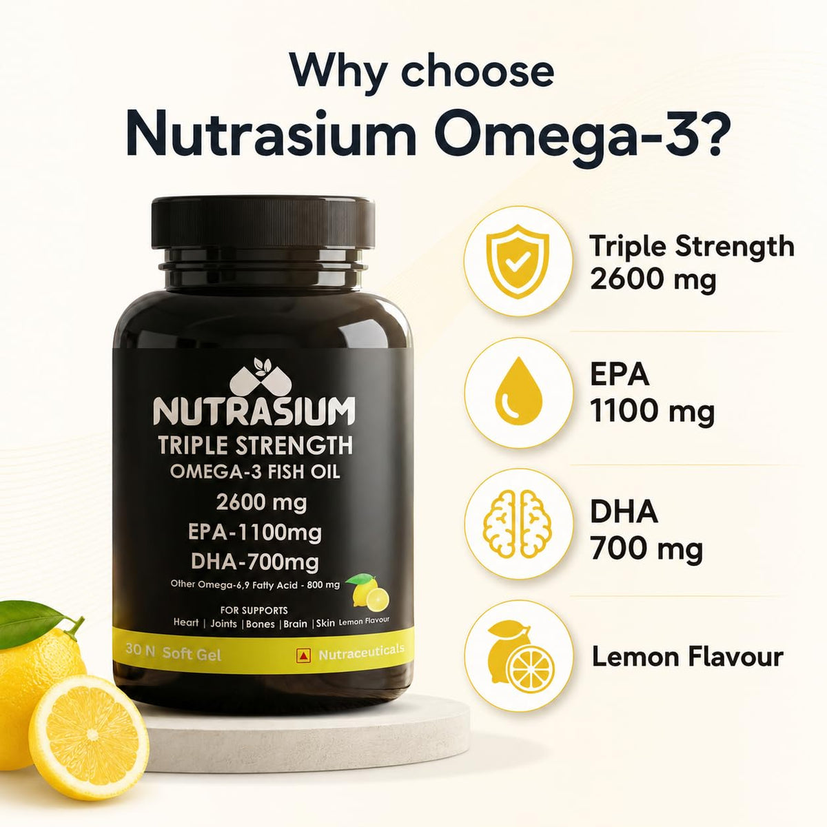 Nutrasium Omega-3 Fish Oil 2600mg | Triple Strength | Heart Brain Eye Joint Skin Bone | 30 Softgels