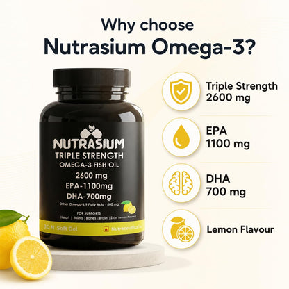 Nutrasium Omega-3 Fish Oil 2600mg | Triple Strength | Heart Brain Eye Joint Skin Bone | 30 Softgels