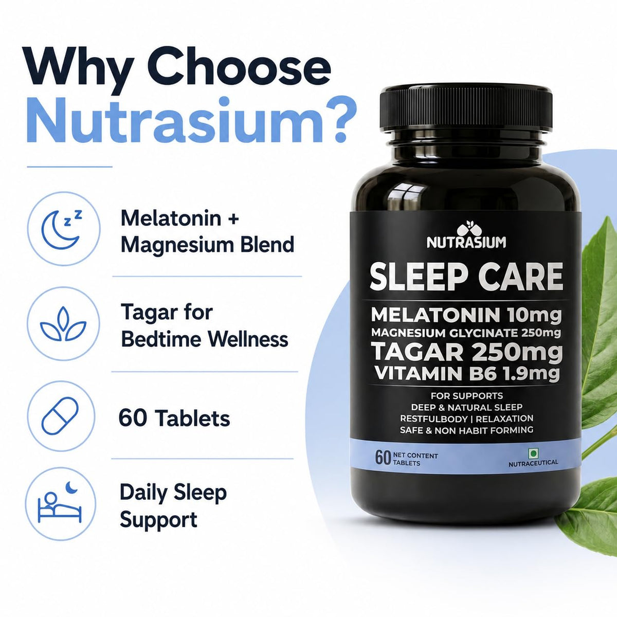 Nutrasium Melatonin 10 mg Sleeping Pill with Tagar 250 mg | Sleep Supplement for Men & Women | Melatonin Tablet for Restful & Deep Natural Sleeps | Sleep Care Tablets 120 (120 Tablets, Sleep Care)